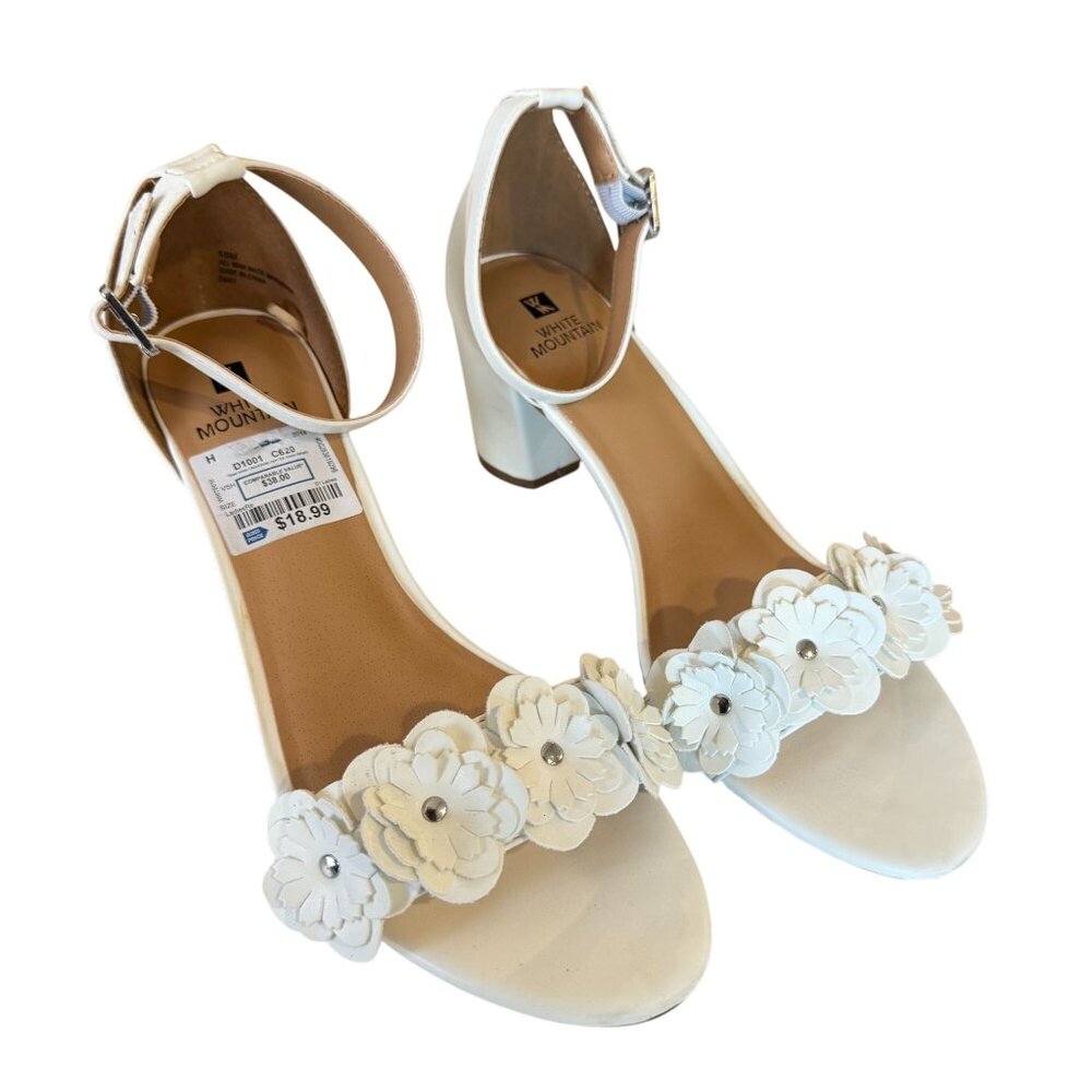 White Mountain Floral Ankle Strap Heels 10M Sandals Wedding Block Spring Easter